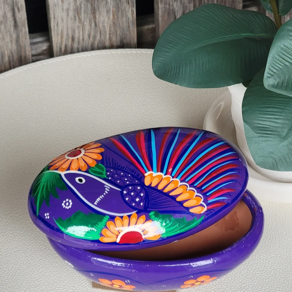 Mexican Folk Art Hand-Painted Oval Trinket Box Purple Bird